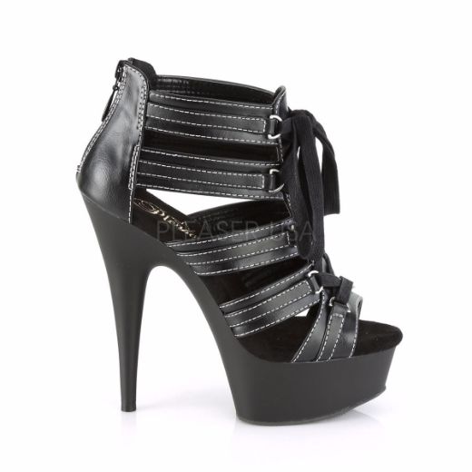 Product image of Pleaser DELIGHT-693 Black Faux Leather/Black Matte 6 inch (15.2 cm) Heel 1 3/4 inch (4.5 cm) Platform Close Back Cage Sandal Back Zip Shoes