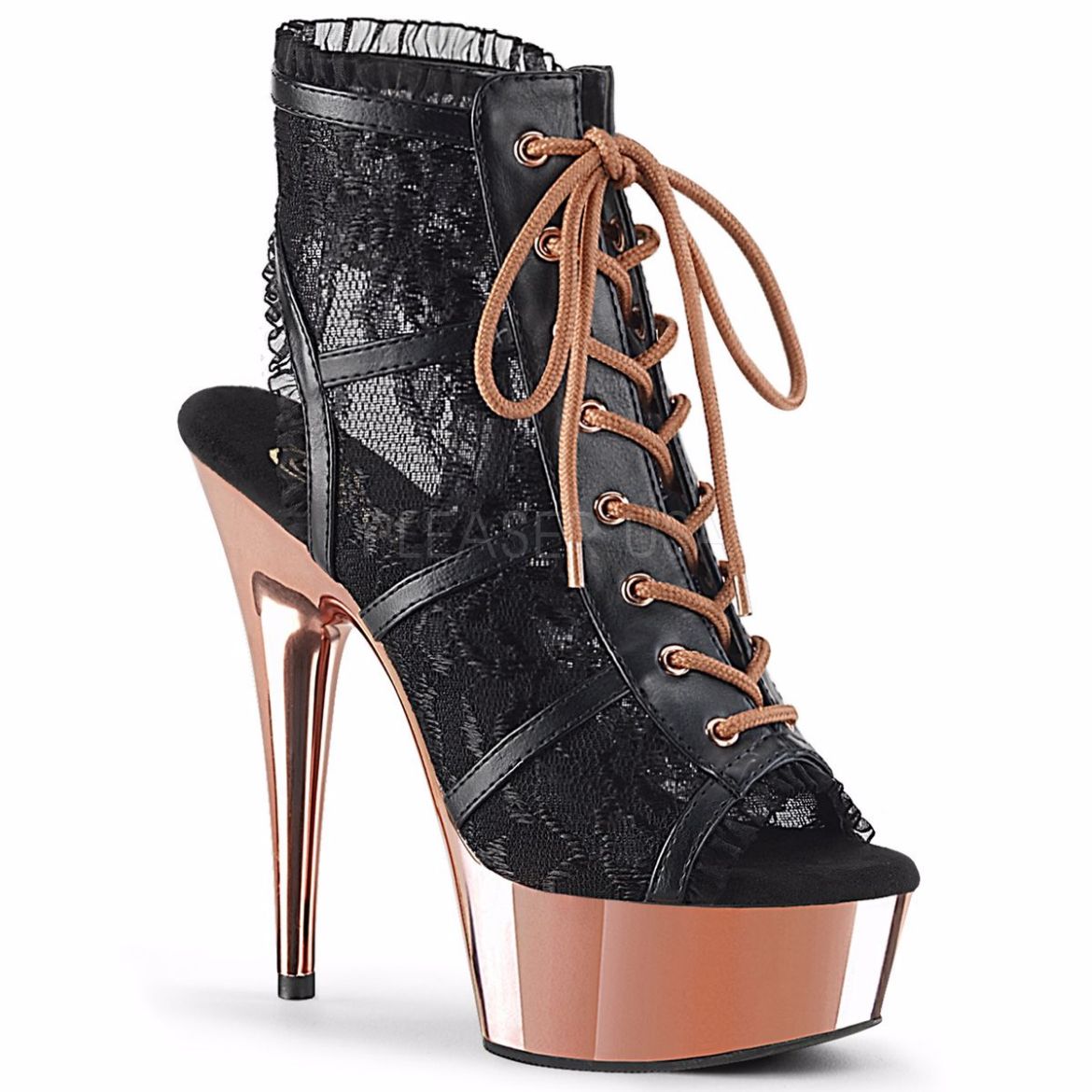 Product image of Pleaser DELIGHT-696LC Black Faux Leather-Lace/Rose Gold Chrome 6 inch (15.2 cm) Heel 1 3/4 inch (4.5 cm) Platform Open Toe/Heel Lace Overlay Bootie
