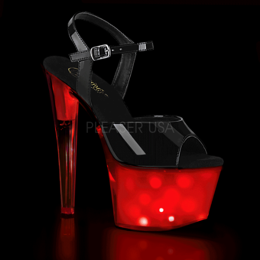Product image of Pleaser DISCOLITE-709 Black Patent/White Glow 7 inch (17.8 cm) Heel 2 3/4 inch (7 cm) Platform Led Illuminated Ankle Strap Sandal