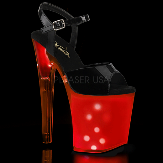 Product image of Pleaser DISCOLITE-809 Black Patent/White Glow 8 inch (20 cm) Heel 4 inch (10 cm) Platform Led Illuminated Ankle Strap Sandal