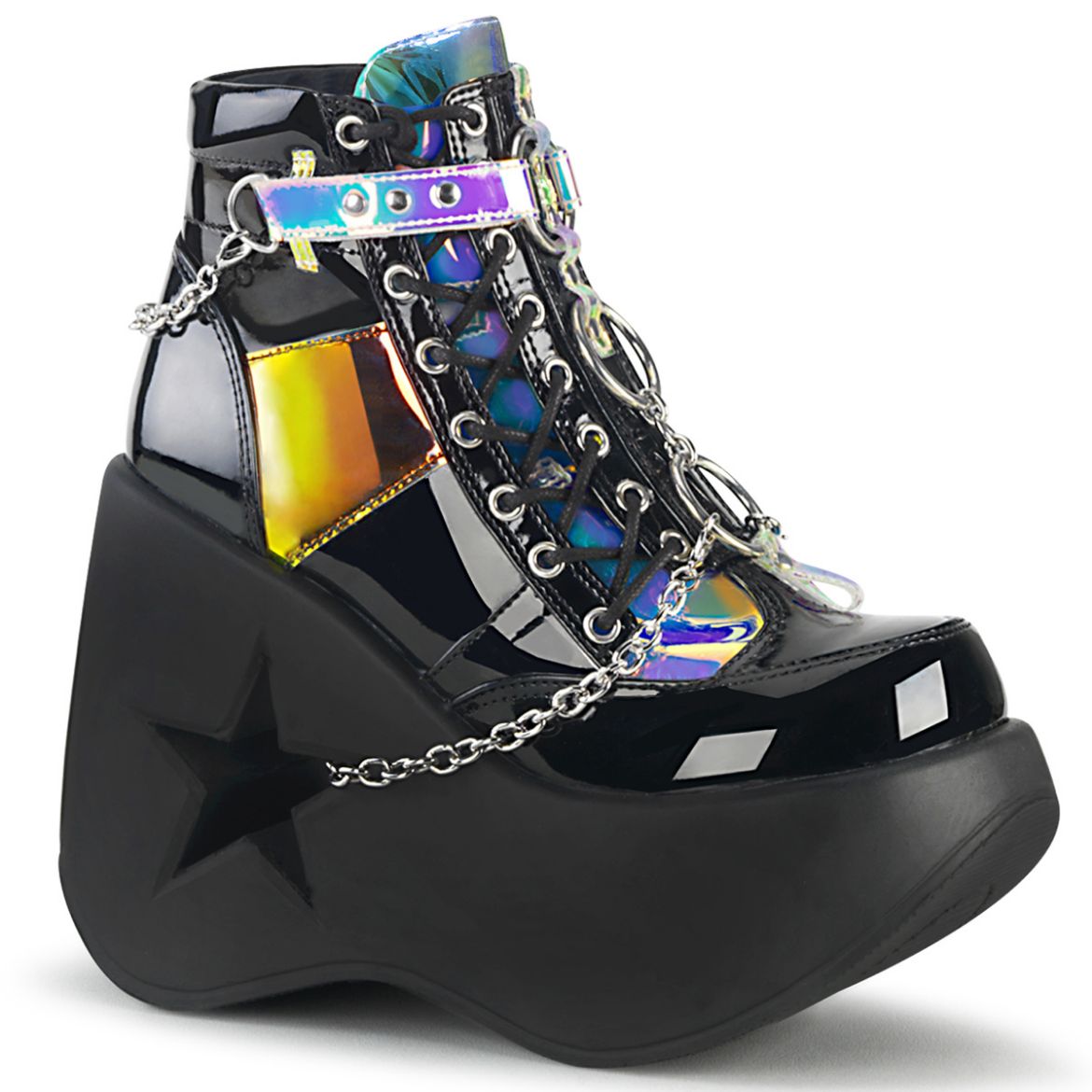 Product image of Demonia DYNAMITE-101 Black Patent-Magic Mirror Polyurethane (Pu) 5 inch Stars Cutout Platform Wedge Side Lace-Up Ankle Boot Side Zip