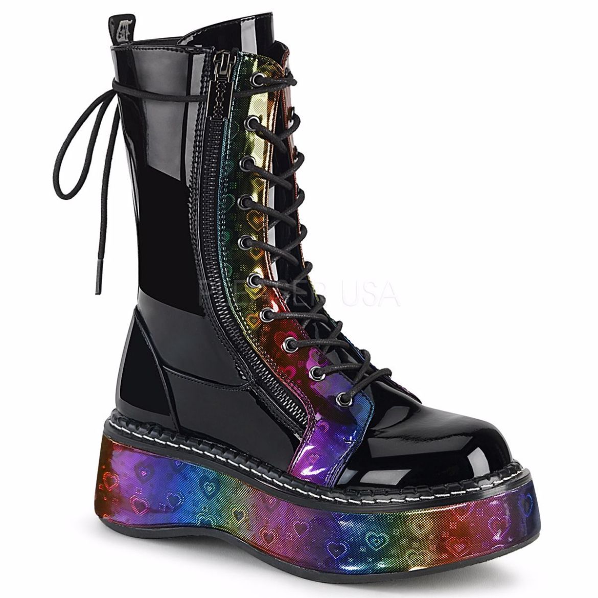 Product image of Demonia EMILY-350 Black Patent-Rainbow Holographic With  Hearts 2 inch Platform Calf High Lace-Up Boot With  Outer Metal Zip