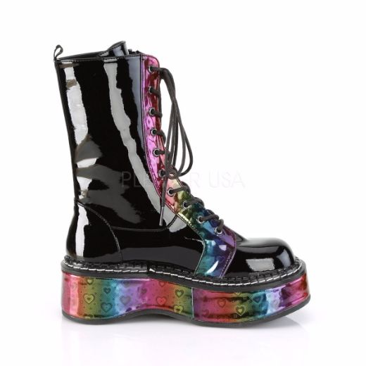 Product image of Demonia EMILY-350 Black Patent-Rainbow Holographic With  Hearts 2 inch Platform Calf High Lace-Up Boot With  Outer Metal Zip