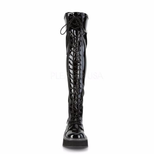 Product image of Demonia EMILY-375 Black Patent 2 inch Platform Stretch Thigh-High Lace-Up Boot With  Outer Metal Zip