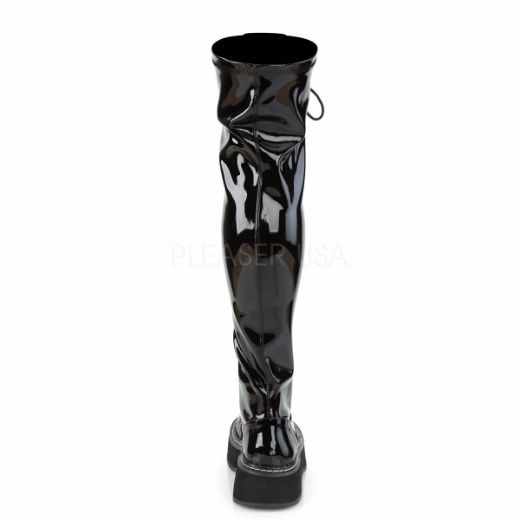 Product image of Demonia EMILY-375 Black Patent 2 inch Platform Stretch Thigh-High Lace-Up Boot With  Outer Metal Zip