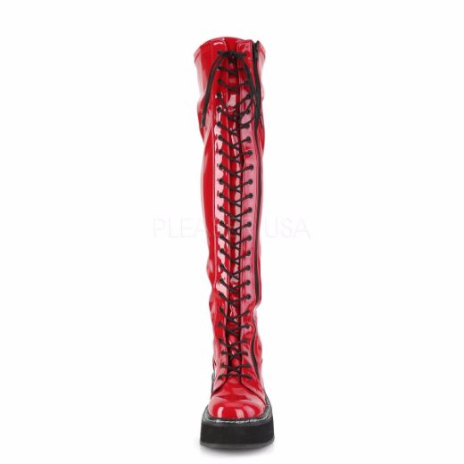 Product image of Demonia EMILY-375 Red Patent 2 inch Platform Stretch Thigh-High Lace-Up Boot With  Outer Metal Zip