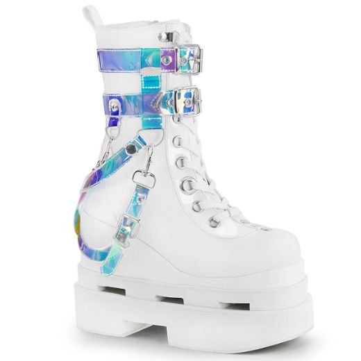 Product image of Demonia ETERNAL-115 White Vegan Faux Leather-Patent 5 inch Triple Tiered Wedge Cutout Platform Mid-Calf Bt Side Zip