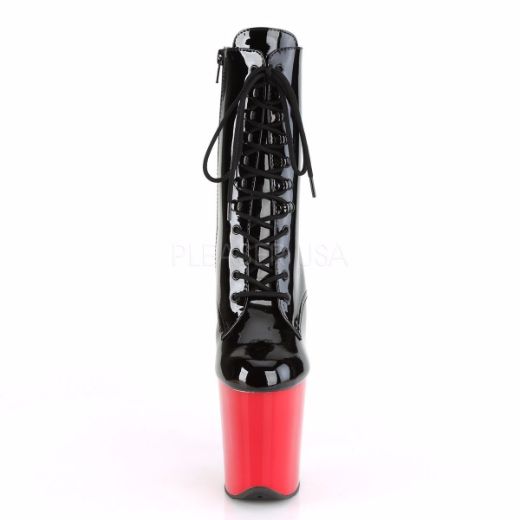 Product image of Pleaser FLAMINGO-1020 Black Patent/Red 8 inch (20 cm) Heel 4 inch (10 cm) Platform Lace-Up Front Ankle Boot Side Zip