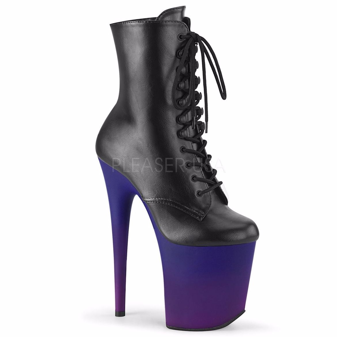 Product image of Pleaser FLAMINGO-1020BP Black Faux Leather/Blue-Purple Ombre 8 inch (20 cm) Heel 4 inch (10 cm) Platform Lace-Up Ankle Boot Side Zip
