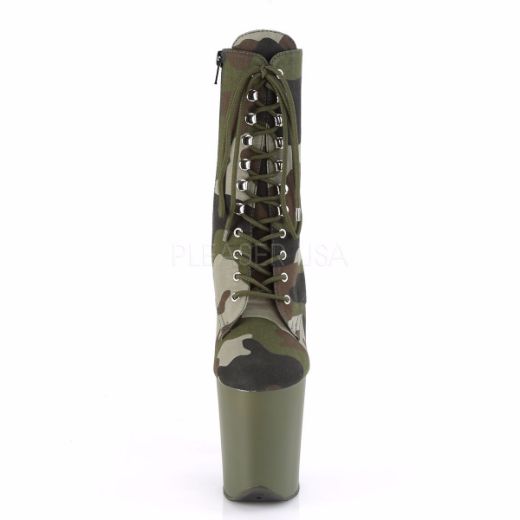 Product image of Pleaser FLAMINGO-1020CAMO Green Camouflage Fabric/Dark Olive Matte 8 inch (20 cm) Heel 4 inch (10 cm) Platform Lace-Up Ankle Boot Side Zip