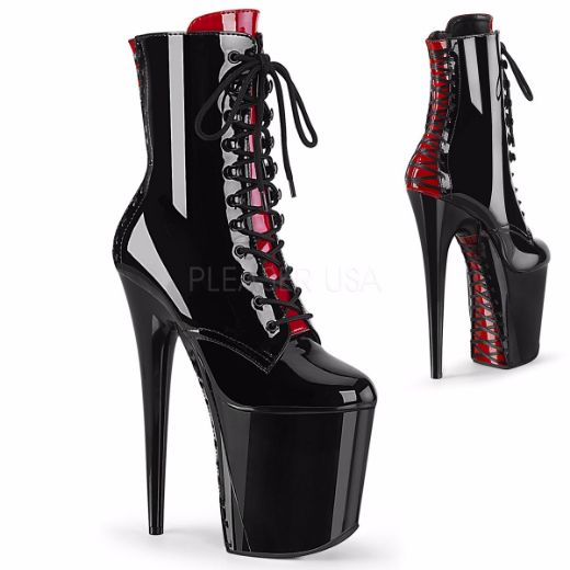 Product image of Pleaser FLAMINGO-1020FH Black Patent/Black 8 inch (20 cm) Heel 4 inch (10 cm) Platform Two Tone Lace-Up Ankle Boot Side Zip