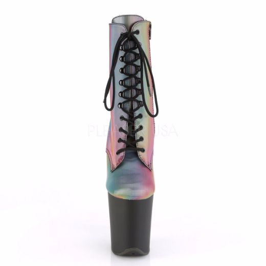 Product image of Pleaser FLAMINGO-1020REFL Rainbow Reflective/Black Matte 8 inch (20 cm) Heel 4 inch (10 cm) Platform Lace-Up Front Ankle Boot Side Zip