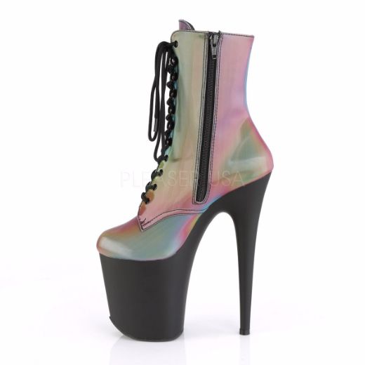 Product image of Pleaser FLAMINGO-1020REFL Rainbow Reflective/Black Matte 8 inch (20 cm) Heel 4 inch (10 cm) Platform Lace-Up Front Ankle Boot Side Zip