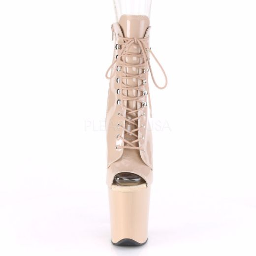 Product image of Pleaser FLAMINGO-1021 Nude Patent/Nude 8 inch (20 cm) Heel 4 inch (10 cm) Platform Peep Toe Lace-Up Ankle Boot Side Zip