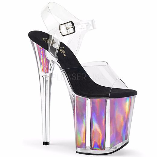 Product image of Pleaser FLAMINGO-808HGI Clear/Pink Holographic Inserts 8 inch (20 cm) Heel 4 inch (10 cm) Platform Ankle Strap Sandal With  Holographic Inserts Shoes