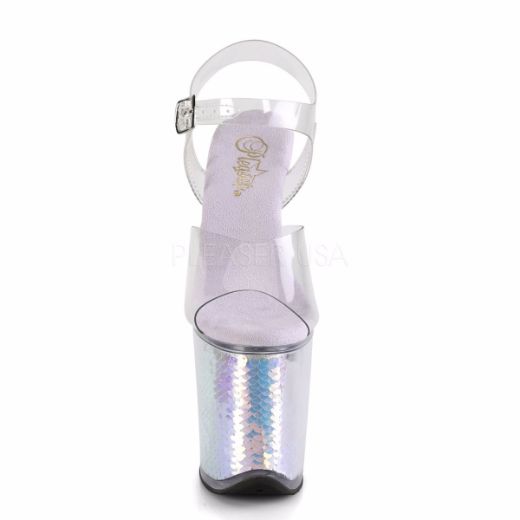 Product image of Pleaser FLAMINGO-808MC Clear/Lavender Holographic Inserts 8 inch (20 cm) Heel 4 inch (10 cm) Platform Ankle Strap Sandal