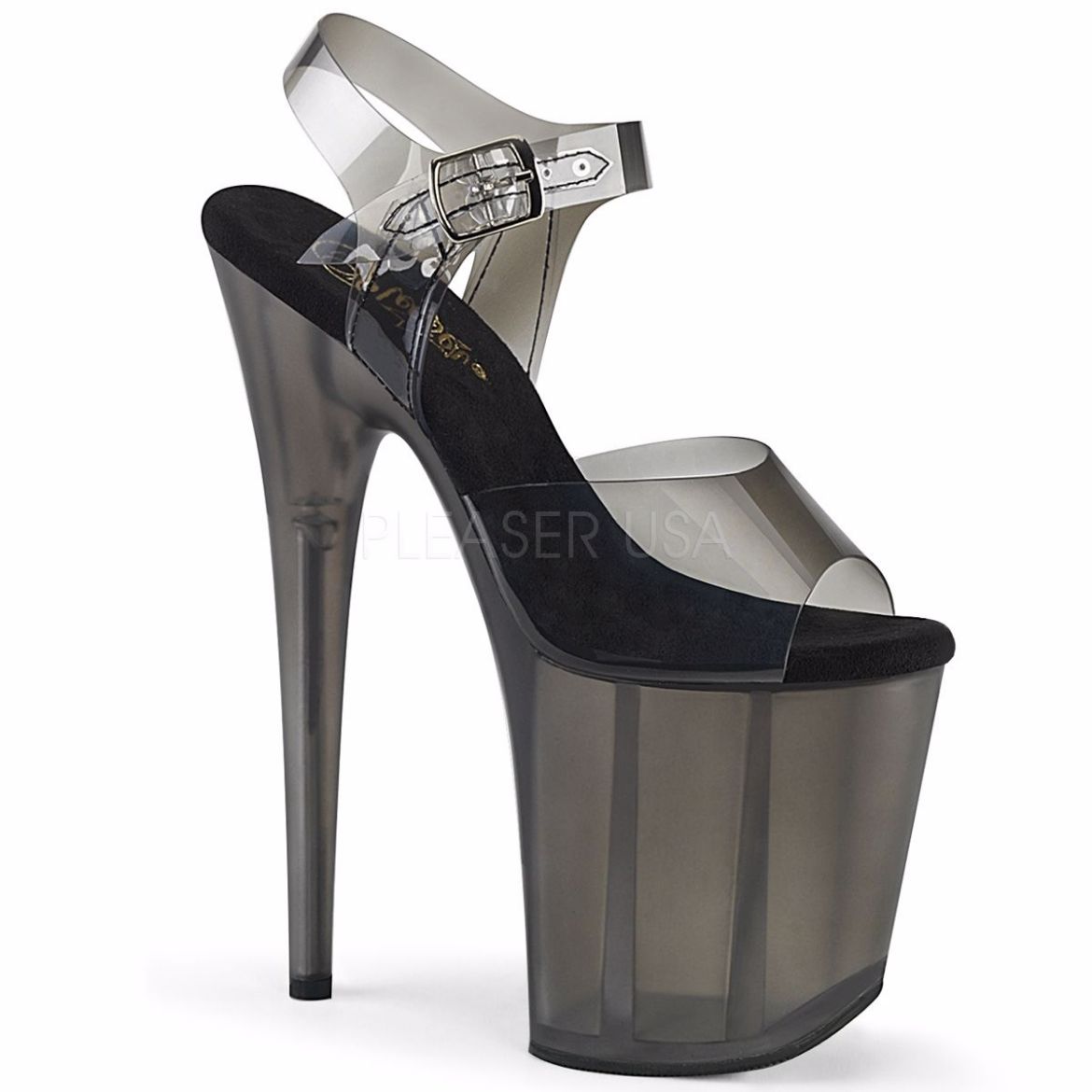 Product image of Pleaser FLAMINGO-808N-T Black Gradient Polyurethane (Pu)/Smoke Tinted 8 inch (20 cm) Heel 4 inch (10 cm) Tinted Platform Ankle Strap Sandal Shoes