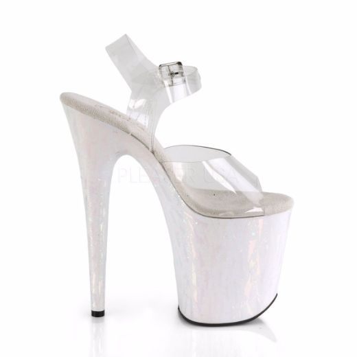 Product image of Pleaser FLAMINGO-808SPLA-2 Clear/White-Multicolour Holographic 8 inch (20 cm) Heel 4 inch (10 cm) Platform Ankle Strap Sandal
