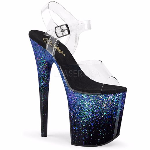 Product image of Pleaser FLAMINGO-808SS Clear/Black-Blue Multicolour Glitter 8 inch (20 cm) Heel 4 inch (10 cm) Platform Ankle Strap Sandal Shoes