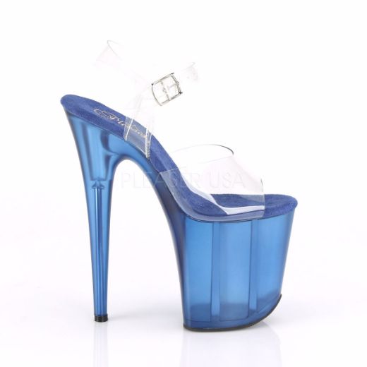 Product image of Pleaser FLAMINGO-808T Clear/Blue Tinted 8 inch (20 cm) Heel 4 inch (10 cm) Tinted Platform Ankle Strap Sandal Shoes