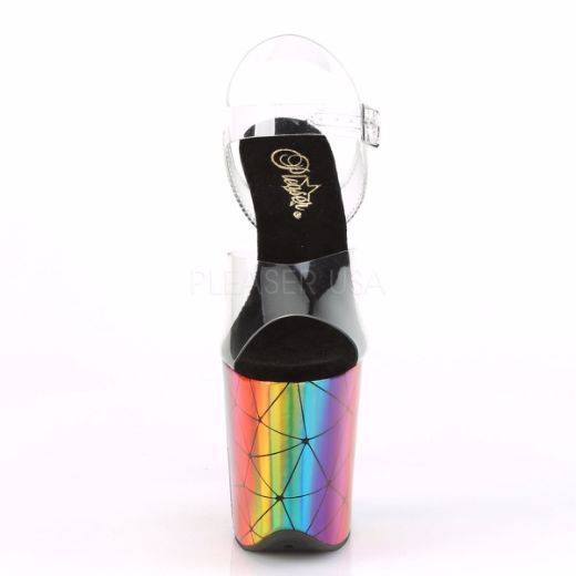 Product image of Pleaser FLAMINGO-808WR Clear/Laser Rainbow Holographic Wrapped 8 inch (20 cm) Heel 4 inch (10 cm) Wrapped Platform Ankle Strap Sandal