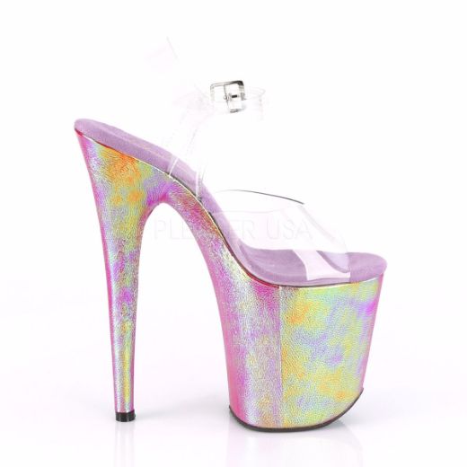 Product image of Pleaser FLAMINGO-808WR Clear/Purple Holographic Wrapped 8 inch (20 cm) Heel 4 inch (10 cm) Wrapped Platform Ankle Strap Sandal Shoes