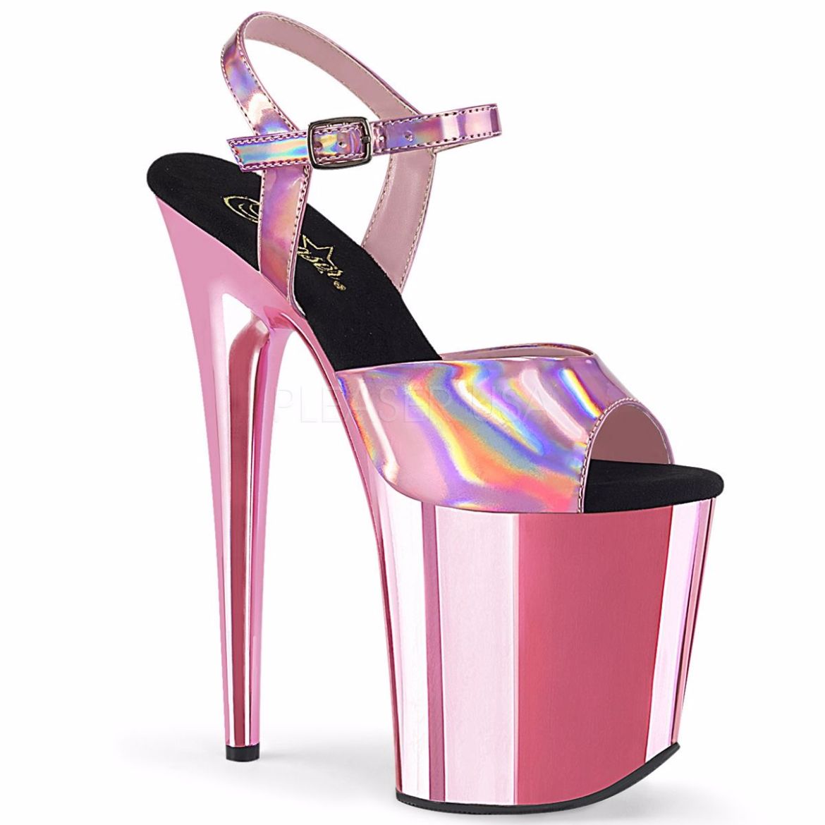 Product image of Pleaser FLAMINGO-809HG Baby Pink Holographic/Baby Pink Chrome 8 inch (20 cm) Heel 4 inch (10 cm) Platform Ankle Strap Sandal Shoes