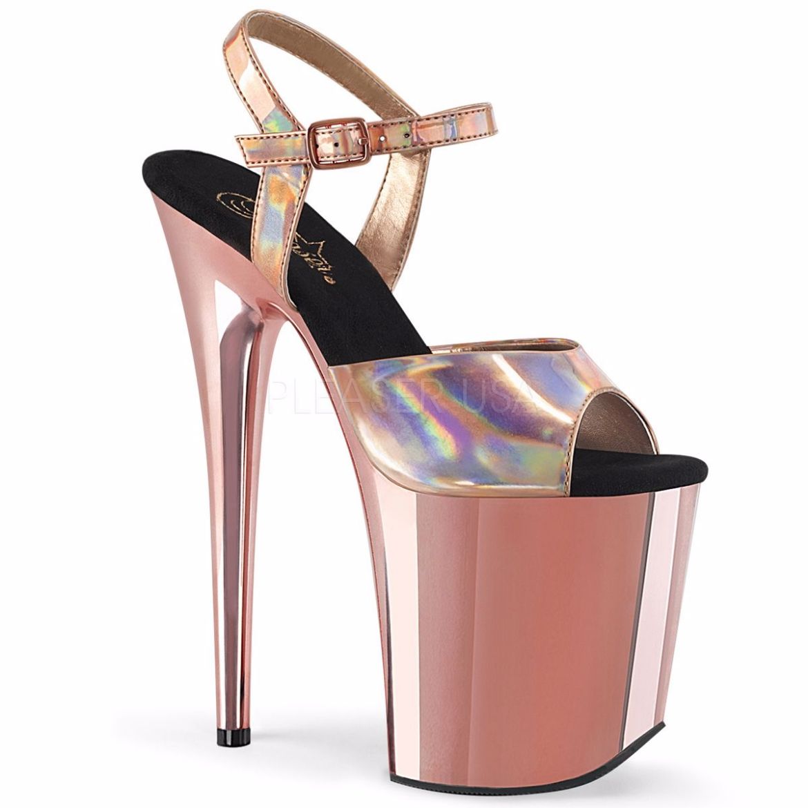 Product image of Pleaser FLAMINGO-809HG Rose Gold Holographic/Rose Gold Chrome 8 inch (20 cm) Heel 4 inch (10 cm) Platform Ankle Strap Sandal Shoes