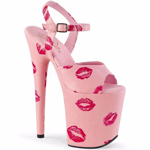 Product image of Pleaser FLAMINGO-809KISSES Baby Pink Faux Leather/Baby Pink Faux Leather 8 inch (20 cm) Heel 4 inch (10 cm) Platform Ankle Strap Sandal With  Lip Print Shoes