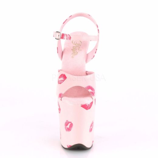 Product image of Pleaser FLAMINGO-809KISSES Baby Pink Faux Leather/Baby Pink Faux Leather 8 inch (20 cm) Heel 4 inch (10 cm) Platform Ankle Strap Sandal With  Lip Print Shoes
