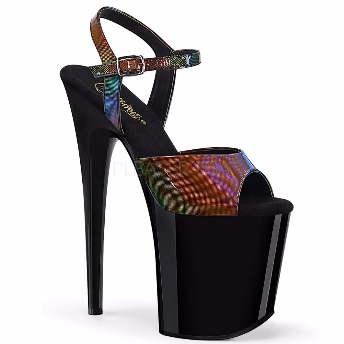 Product image of Pleaser FLAMINGO-809RBDT Rainbow Holographic/Black 8 inch (20 cm) Heel 4 inch (10 cm) Platform Ankle Strap Sandal Shoes