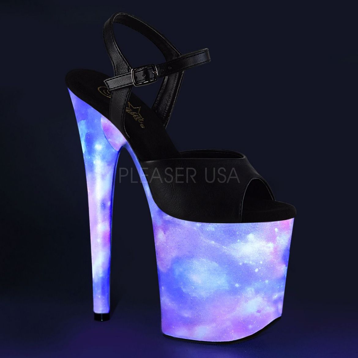 Product image of Pleaser FLAMINGO-809REFL Black Faux Leather/Purple-Blue Reflective 8 inch (20 cm) Heel 4 inch (10 cm) Platform Ankle Strap Sandal With  Reflective Effect Shoes