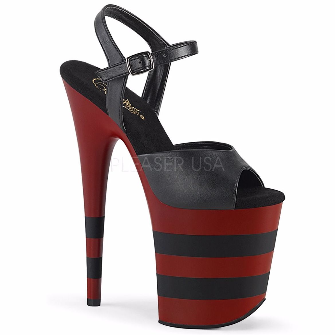 Product image of Pleaser FLAMINGO-809SR Black Faux Leather/D Red-Black Matte 8 inch (20 cm) Heel 4 inch (10 cm) Platform Ankle Strap Sandal With  Stripes Shoes