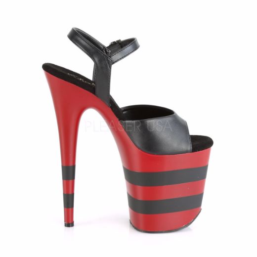 Product image of Pleaser FLAMINGO-809SR Black Faux Leather/D Red-Black Matte 8 inch (20 cm) Heel 4 inch (10 cm) Platform Ankle Strap Sandal With  Stripes Shoes