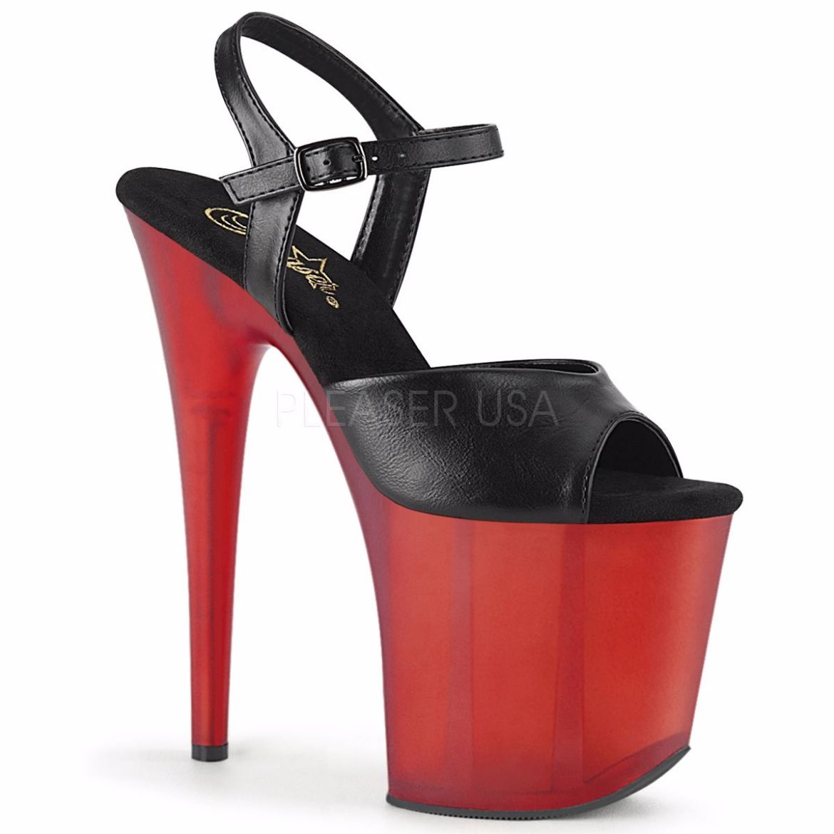 Product image of Pleaser FLAMINGO-809T Black Faux Leather/Frosted Red 8 inch (20 cm) Heel 4 inch (10 cm) Platform Ankle Strap Sandal Shoes