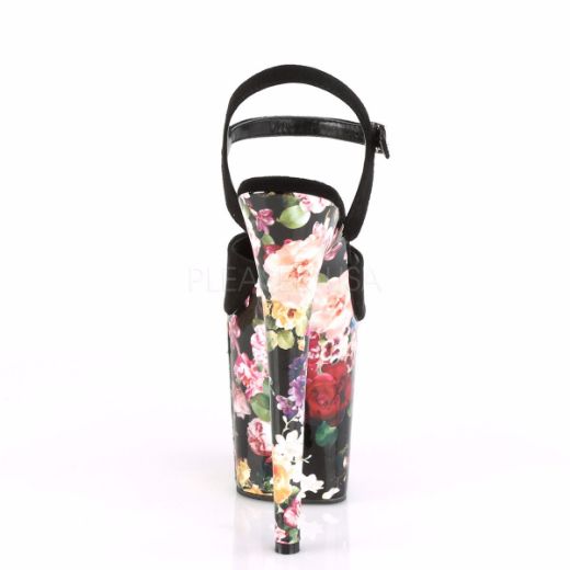 Product image of Pleaser FLAMINGO-809WR Black Faux Suede/Flower Print Wrapped 8 inch (20 cm) Heel 4 inch (10 cm) Platform Ankle Strap Sandal With  Flower Print Shoes