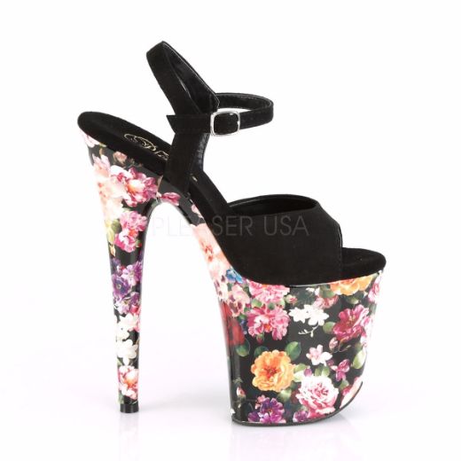 Product image of Pleaser FLAMINGO-809WR Black Faux Suede/Flower Print Wrapped 8 inch (20 cm) Heel 4 inch (10 cm) Platform Ankle Strap Sandal With  Flower Print Shoes