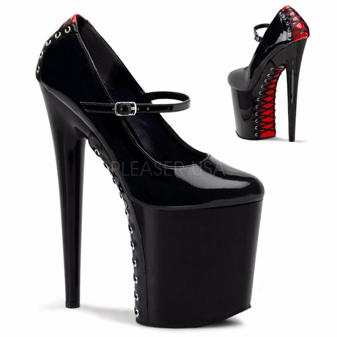 Product image of Pleaser FLAMINGO-887FH Black-Red Patent/Black 8 inch (20.3 cm) Heel 4 inch (10.2 cm) Platform Mary Jane Pump With  Lace Pattern Court Pump Shoes