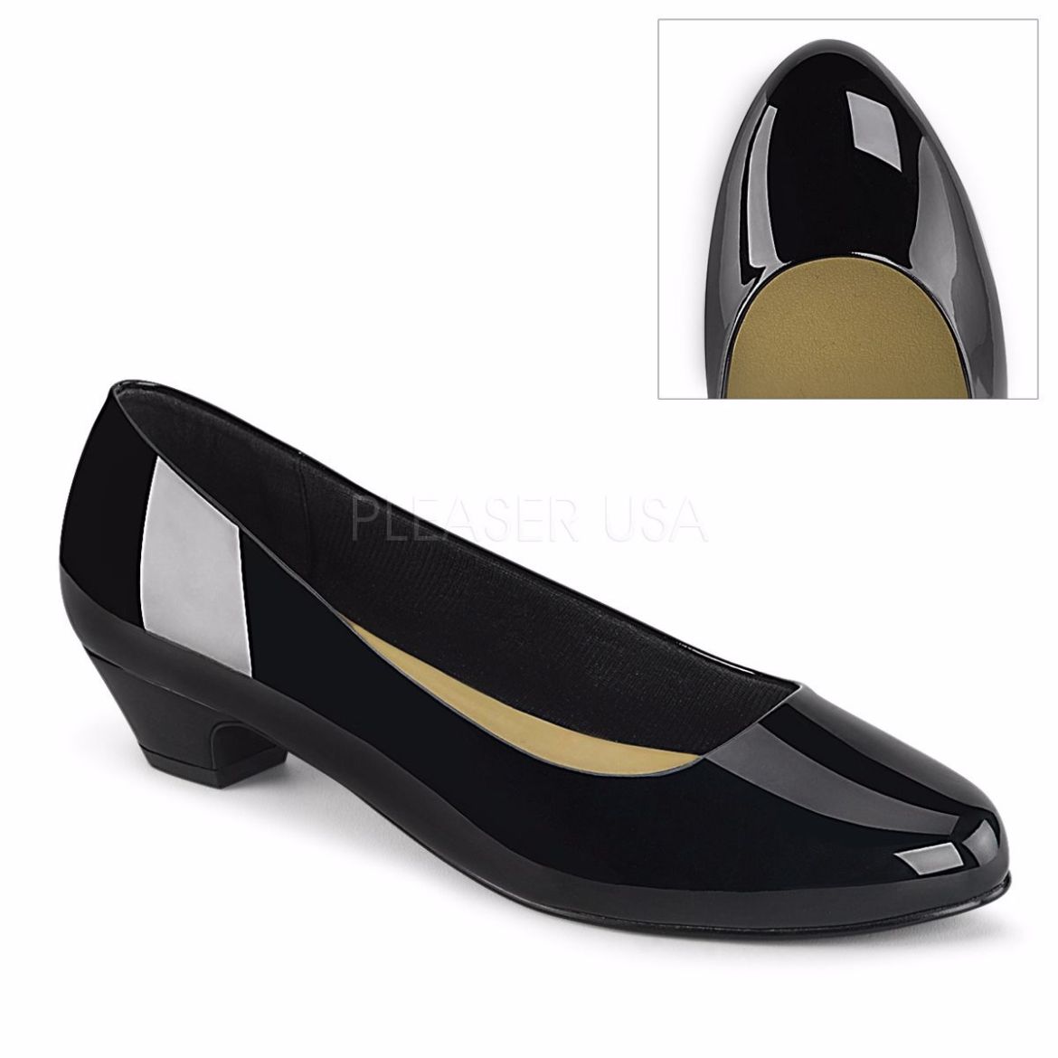 Product image of Pleaser Pink Label GWEN-01 Black Patent 1 1/4 inch (3.2 cm) Block Heel Classic Pump Court Pump Shoes