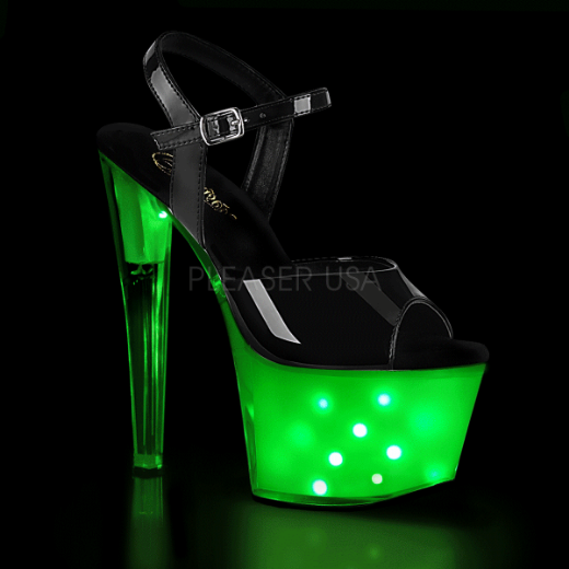 Product image of Pleaser ILLUMINATOR-709 Black Patent/White Glow 7 inch (17.8 cm) Heel 2 3/4 inch (7 cm) Platform Led Illuminated Ankle Strap Sandal