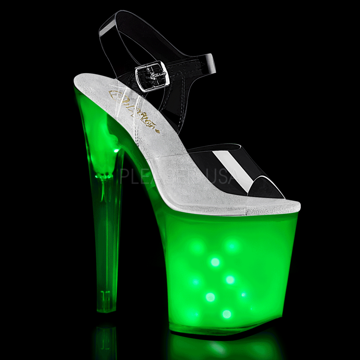 Product image of Pleaser ILLUMINATOR-808 Clear/White Glow 8 inch (20 cm) Heel 4 inch (10 cm) Platform Led Illuminated Ankle Strap Sandal
