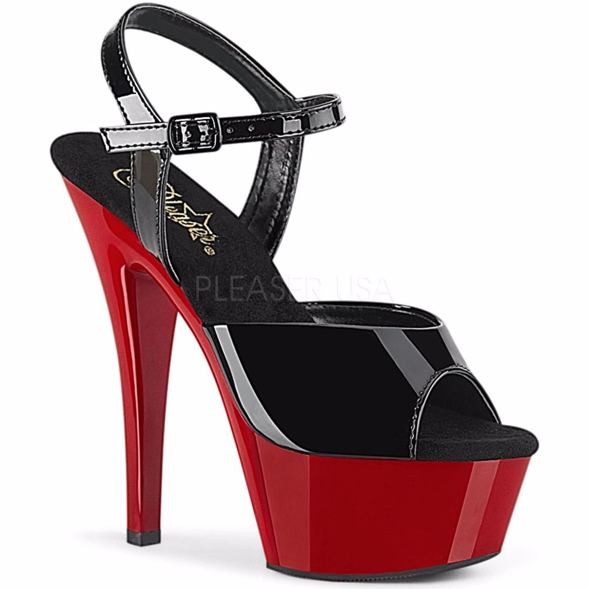 Product image of Pleaser KISS-209 Black Patent/Red 6 inch (15.2 cm) Heel 1 3/4 inch (4.5 cm) Platform Ankle Strap Sandal Shoes