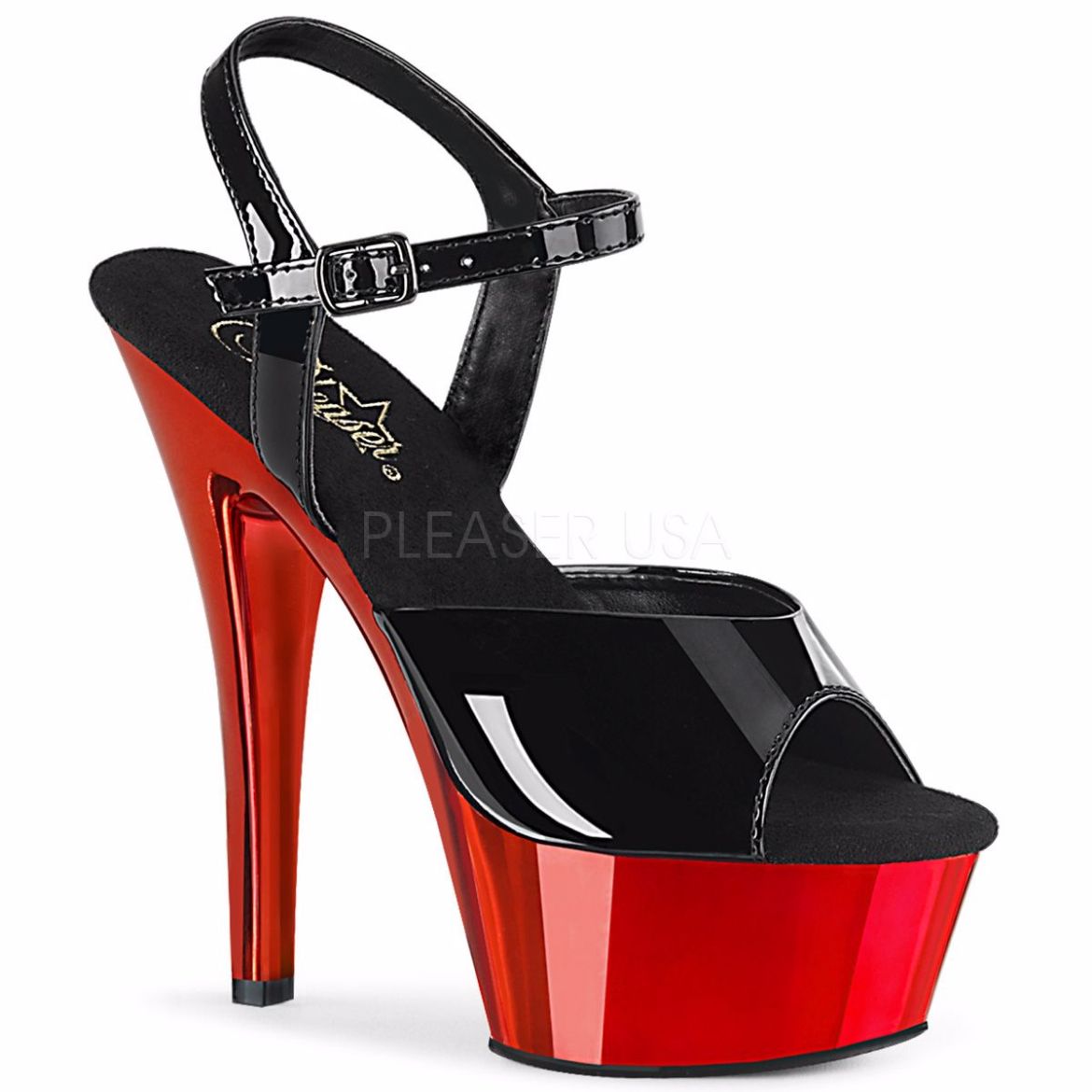 Product image of Pleaser KISS-209 Black Patent/Red Chrome 6 inch (15.2 cm) Heel 1 3/4 inch (4.5 cm) Platform Ankle Strap Sandal Shoes