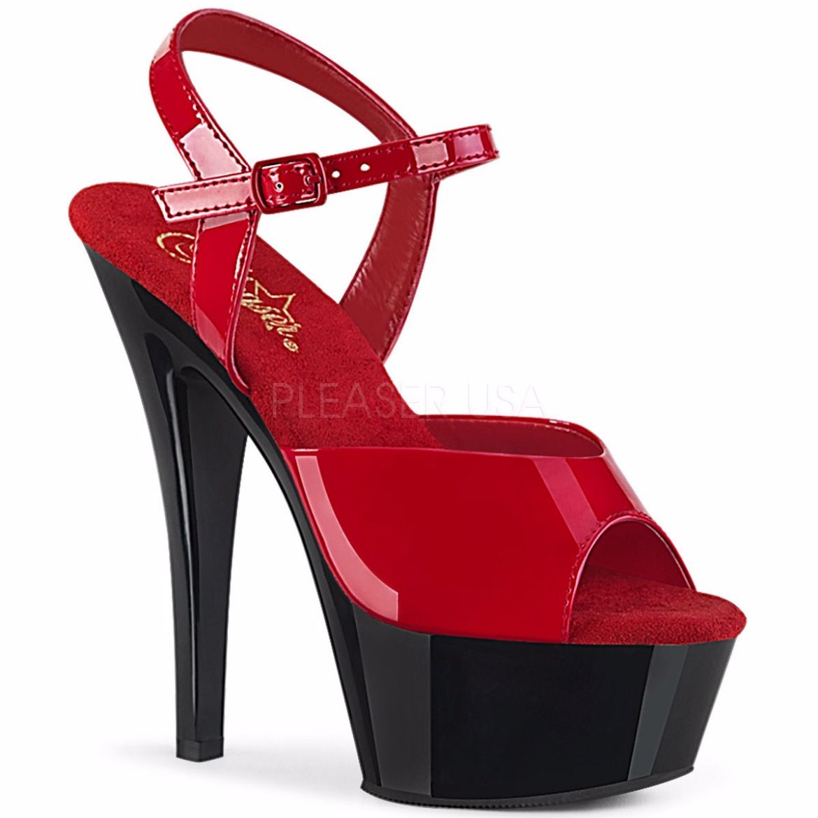 Product image of Pleaser KISS-209 Red Patent/Black 6 inch (15.2 cm) Heel 1 3/4 inch (4.5 cm) Platform Ankle Strap Sandal Shoes