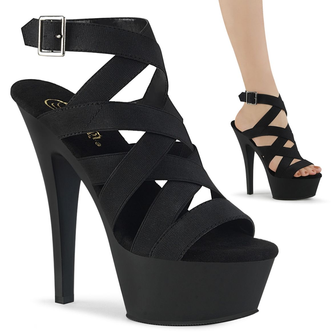 Product image of Pleaser KISS-241 Black Elastic Band/Black Matte 6 inch (15.2 cm) Heel 1 3/4 inch (4.5 cm) Platform Criss Cross Sandal Shoes