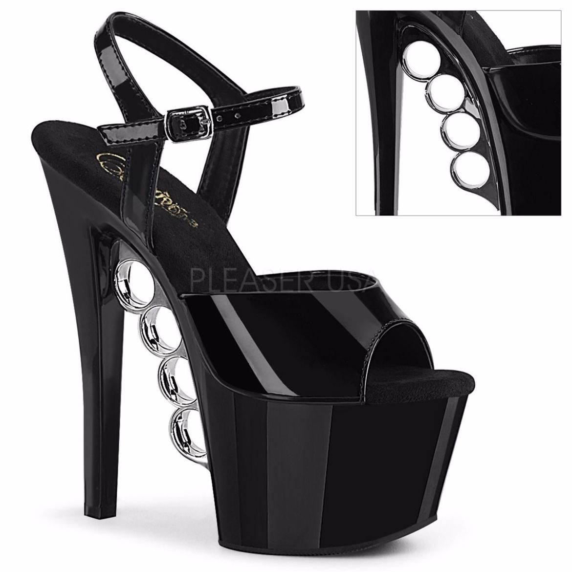 Product image of Pleaser KNUCKS-709 Black Patent/Black 7 inch (17.8 cm) Heel 2 3/4 inch (7 cm) Platform Ankle Strap Sandal Shoes