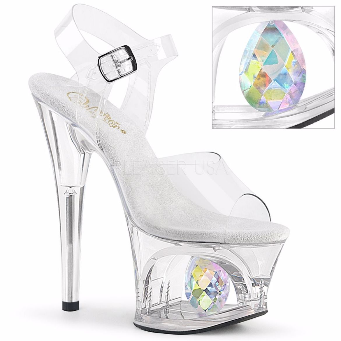Product image of Pleaser MOON-708DIA Clear/Clear 7 inch (17.8 cm) Heel 2 3/4 inch (7 cm) Cut-Out Platform Ankle Strap Sandal With  Diamond
