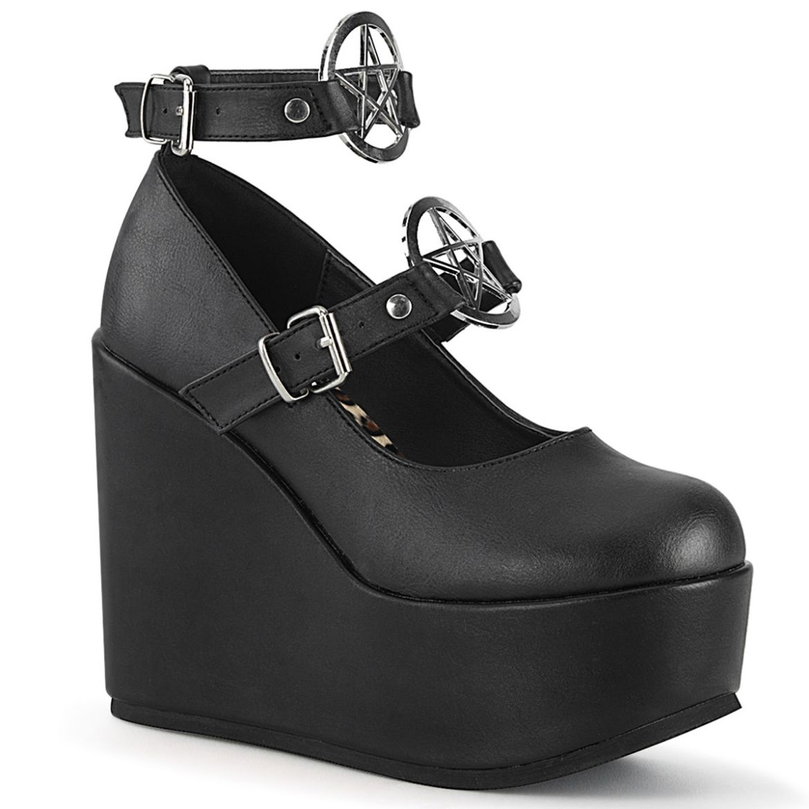 Product image of Demonia POISON-99-1 Black Vegan Faux Leather 5 inch Wedge Platform Mary Jane With  Pentagram O-Ring & Studs Detail