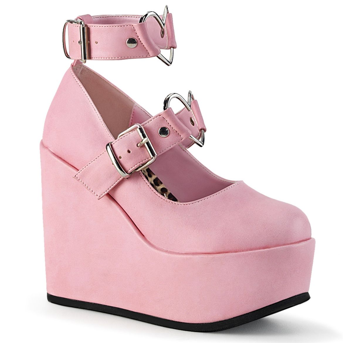 Product image of Demonia POISON-99-2 Baby Pink Vegan Faux Leather 5 inch Wedge Platform Mary Jane With  Hearts O-Ring & Studs Detail