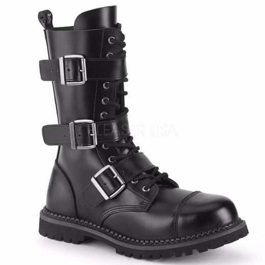 Product image of Demonia RIOT-12BK Black Leather 12 Eyelet Unisex Steel Toe Ankle Boot Rubber Sole